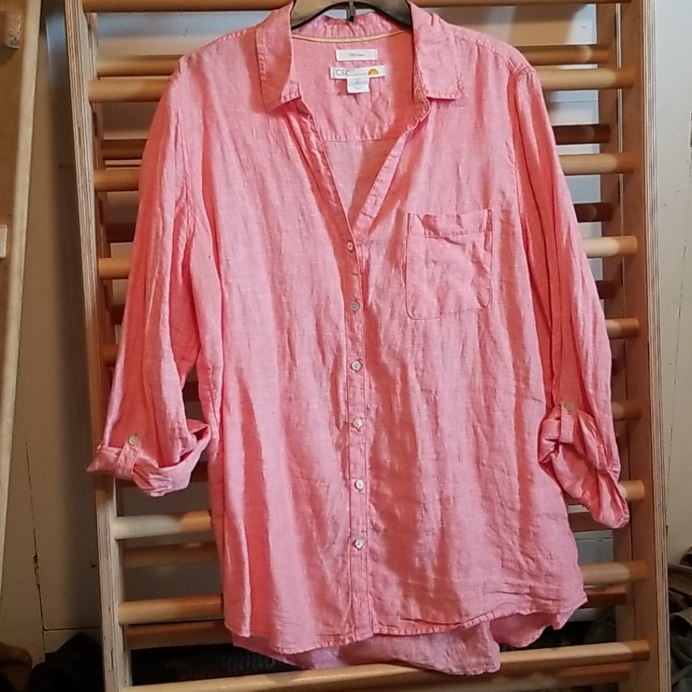 Linen Button Down Pink Long Sleeve Beach